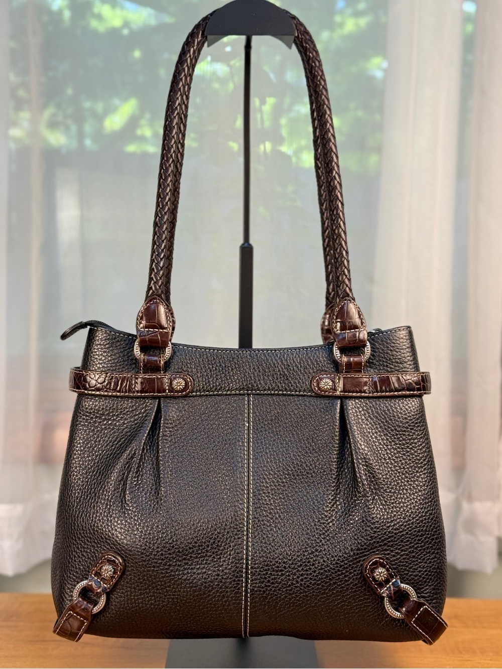 Brighton Black Pebbled Leather Shoulder Bag with Brown Croc Embossed Trim EUC